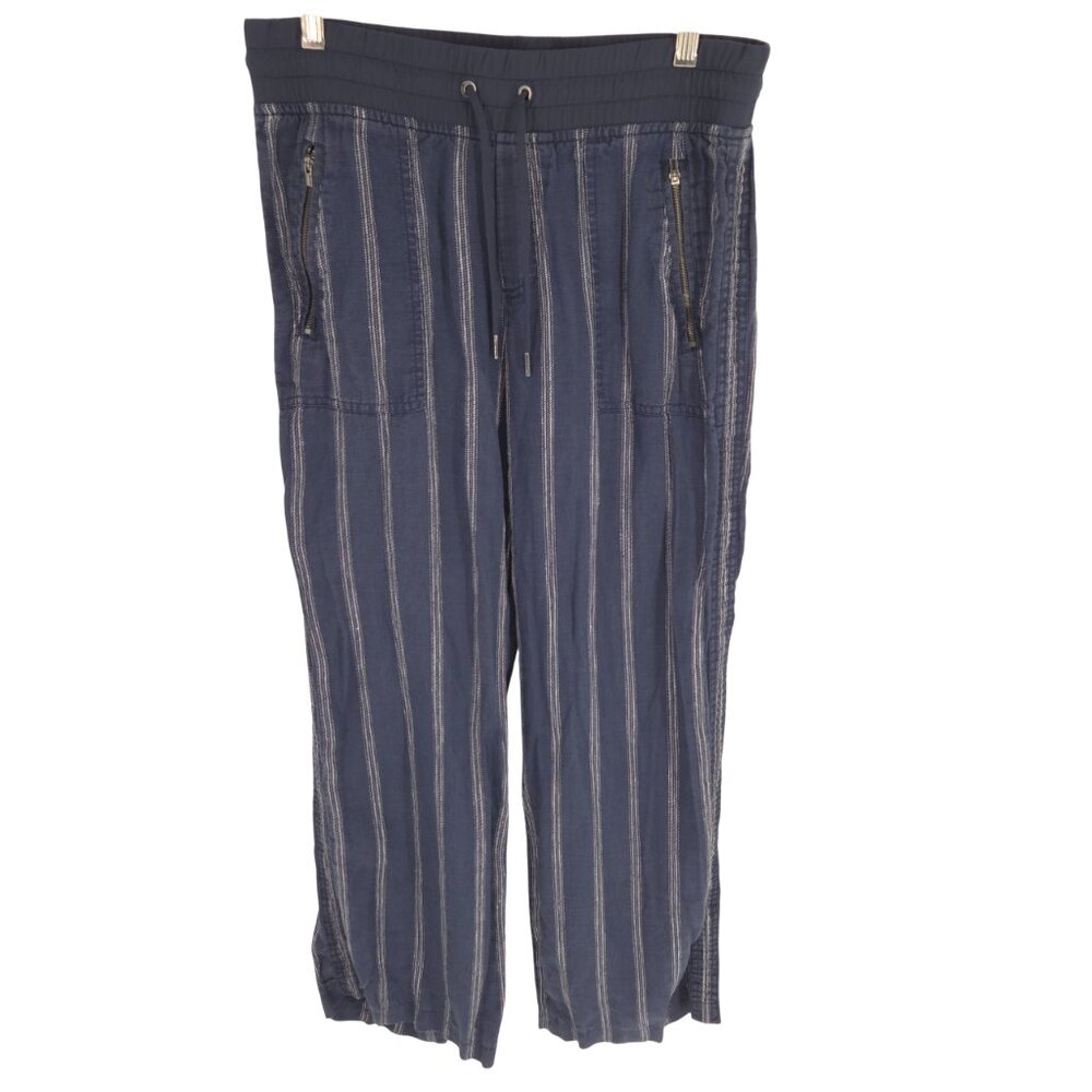 Athleta Cabo Tide Linen Textured Wide Leg Pants Navy White Stripes Lagenlook 6